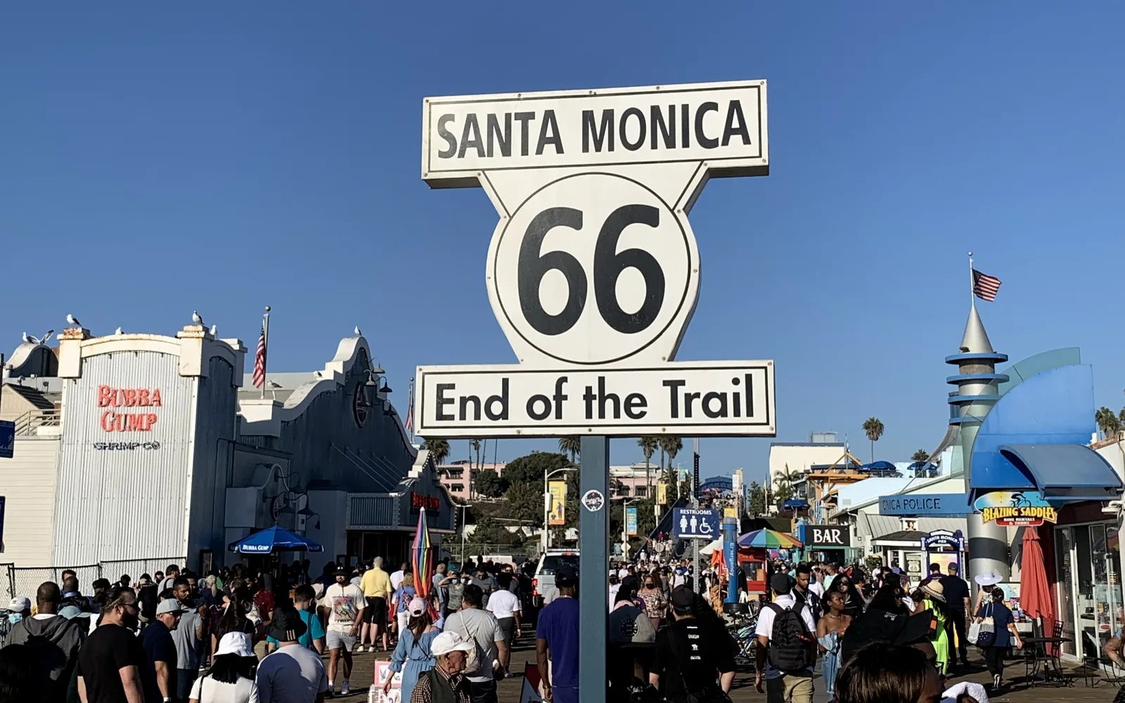 Route 66 sign at Santa Monica Pier marking the historic western terminus of the Mother Road